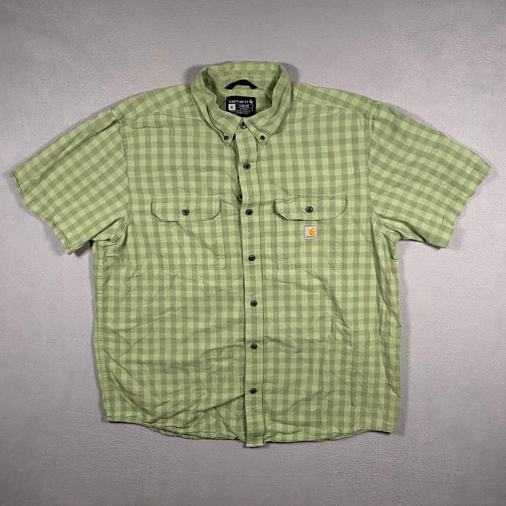 Carhartt Button Down Shirt Mens XL Green Gingham Loose Fit TW4625-M Short Sleeve